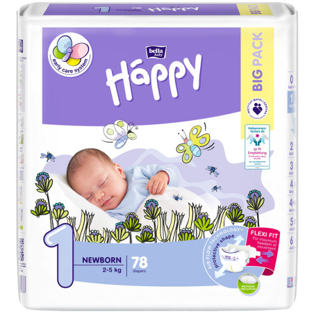 HAPPY T1 NEW BORN - Couches bébé - Poids de 2 à 5 kg - Sachet de 78 couches